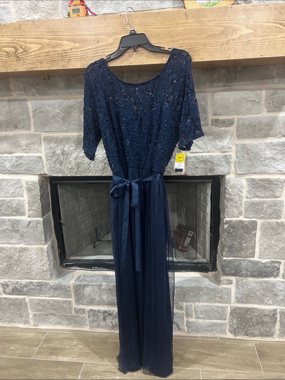 Navy Lace & Tulle Evening Dress with Waist Tie